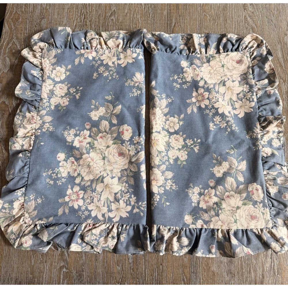 VTG Martex Blue Floral Pillow Shams cover set Ruffled Edges Cottagecore Shabby